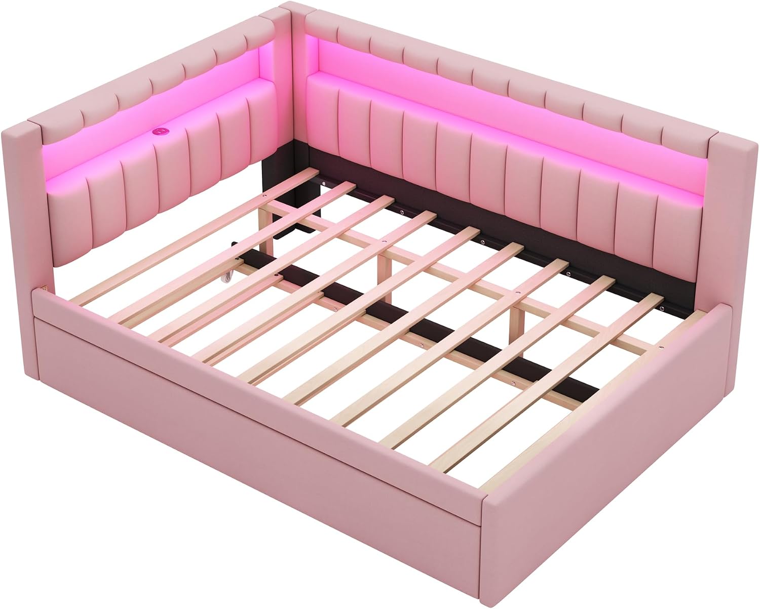 Full Size Upholstered Daybed with Trundle and LED, USB-Ports, L-Shaped Corner Unit Sofa Day Bed Frame with Storage Bookshelf, Girls, Kids, Adults, Boys, Pink
