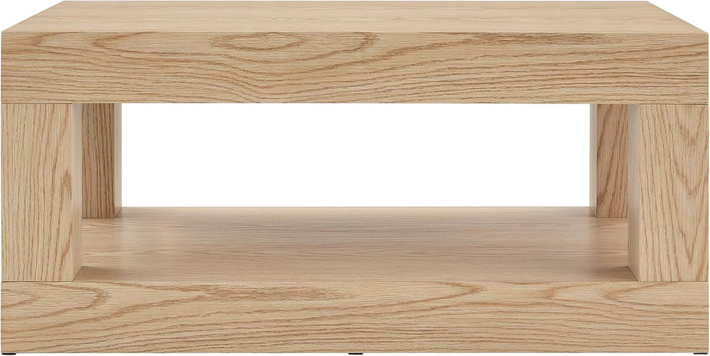 39.4' Coffee Table with Storage, 2-Tier Wood Coffee Table with 4' Thick Tabletop, Mid Century Modern Cocktail Center Tea Tables with Bottom Shelf for Living Room, Office, Apartment,Light Wood