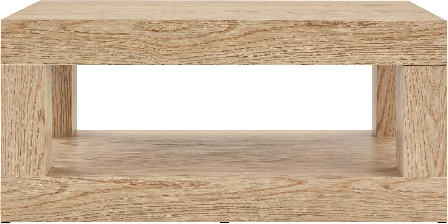 39.4' Coffee Table with Storage, 2-Tier Wood Coffee Table with 4' Thick Tabletop, Mid Century Modern Cocktail Center Tea Tables with Bottom Shelf for Living Room, Office, Apartment,Light Wood