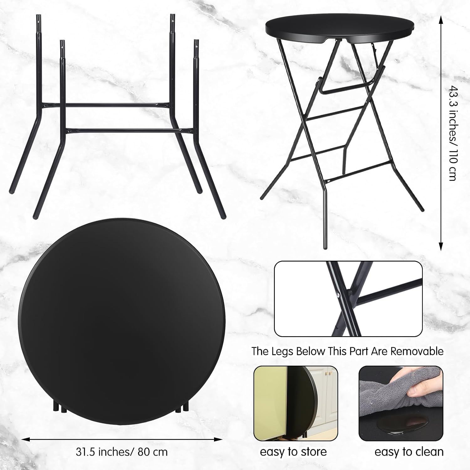 Cocktail Table 32' x 32'x 43.3' High Top Round Folding with Cocktail Table Spandex Covers Indoor Outdoor, Plastic Bar Height Foldable Bistro Tall for Party, Patio, Dining Room (Black)