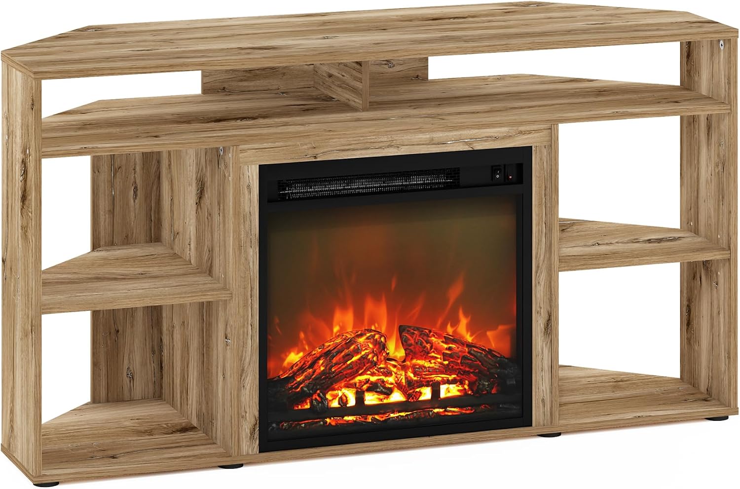 Furinno Jensen Fireplace TV Stand, Corner Entertainment Center, TV Console for TV up to 55 Inch with Fireplace, for Living Room, Bedroom, Flagstaff Oak