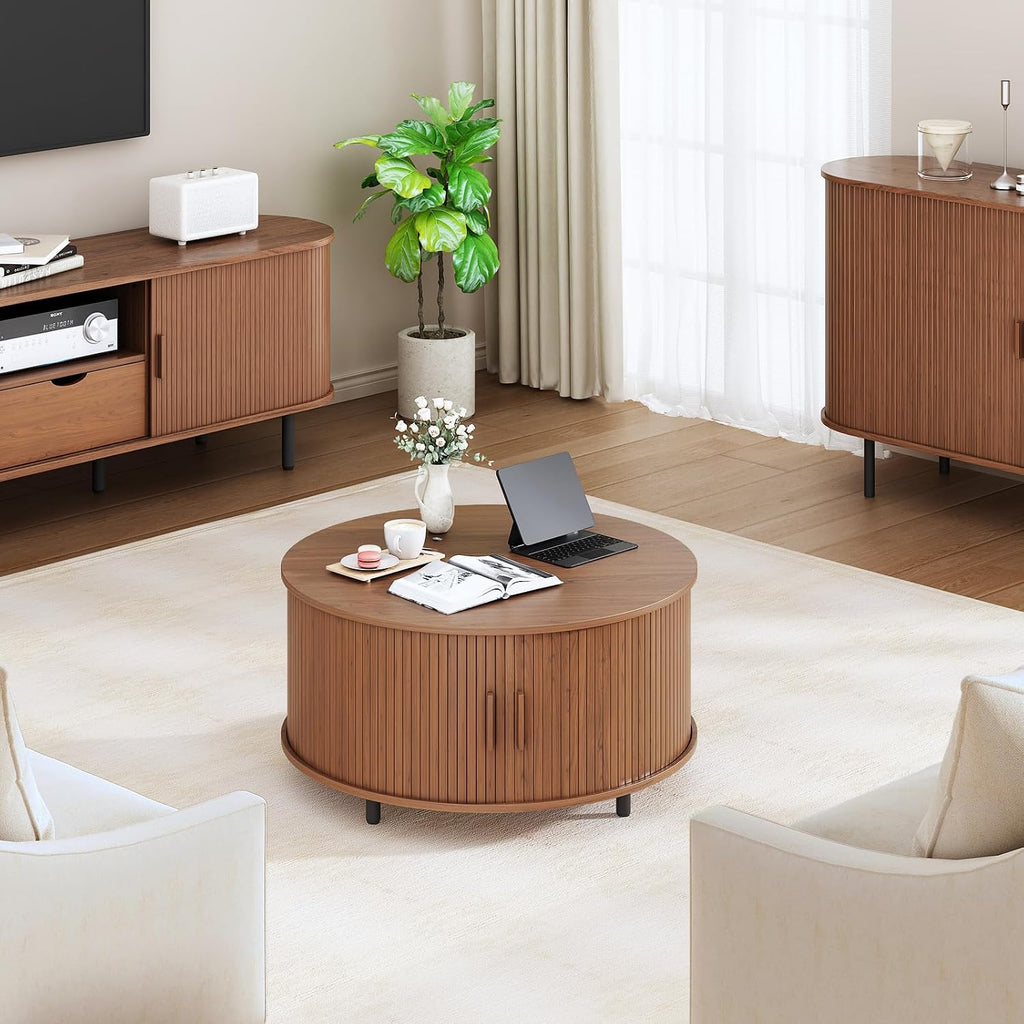 31.5 Inch Round Coffee Table, Fluted Coffee Tables with Storage, Mid-Century Modern Center Tables, Living Room Table with Sliding Door and Wood Handle for Living Room, Walnut