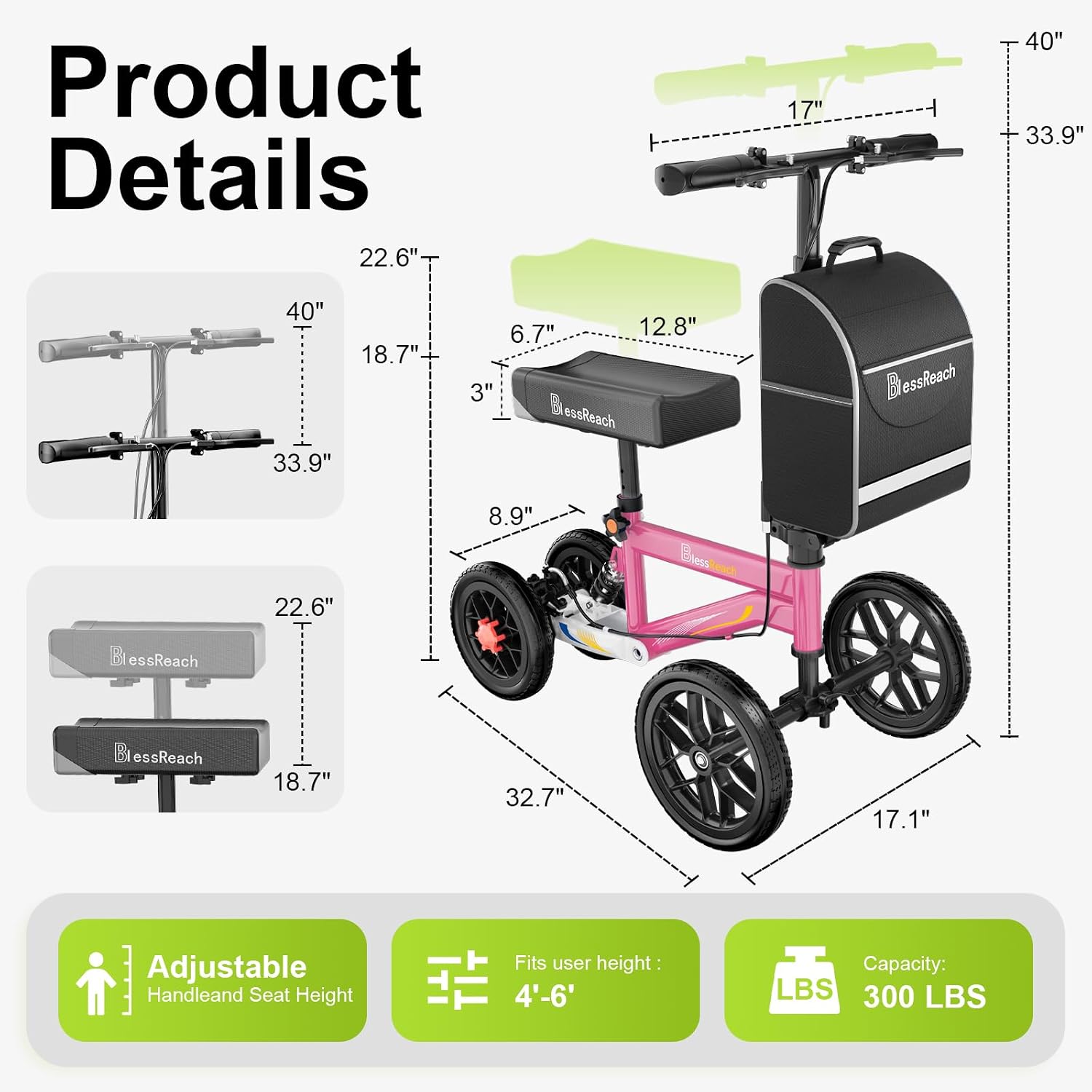 BlessReach Economy Steerable Knee Walker - Compact Crutch Alternative for Foot Injuries with Dual Braking System (Pink)