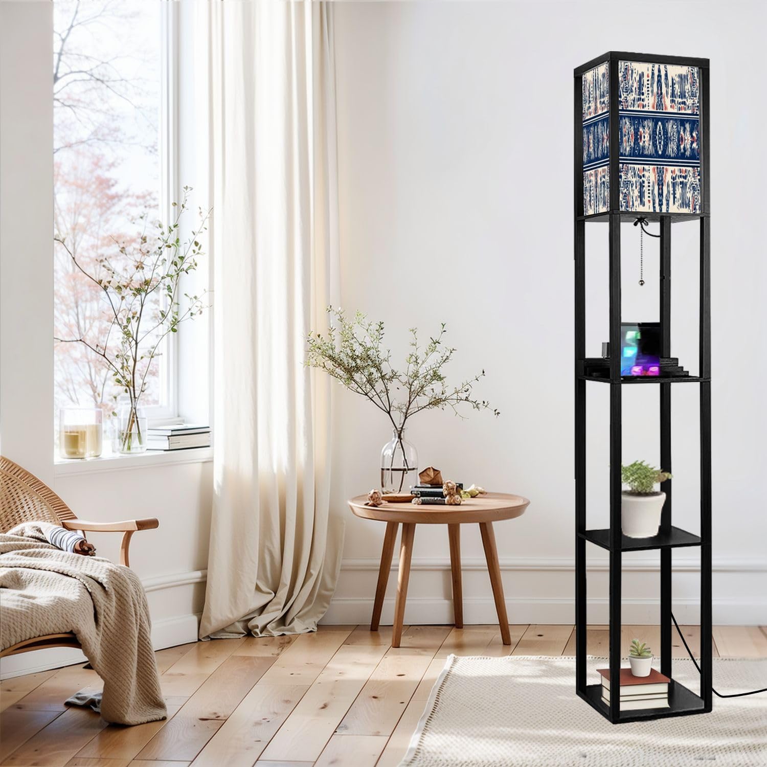 Floor Lamp with Shelves geometric folklore ornament Tribal ethnic texture Seamless striped Standing Tall Lamp USB Ports & Power Outlet Modern Corner Lamp Nightstand Light for Living Room Bedroom