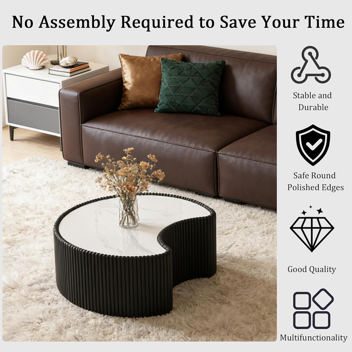 Black Round Coffee Table with Sintered Stone Tabletop, 29.53' Drum Coffee Table with Fluted PU Leather Covered and Stable Base, Circle Cocktail Tea Table for Living Room