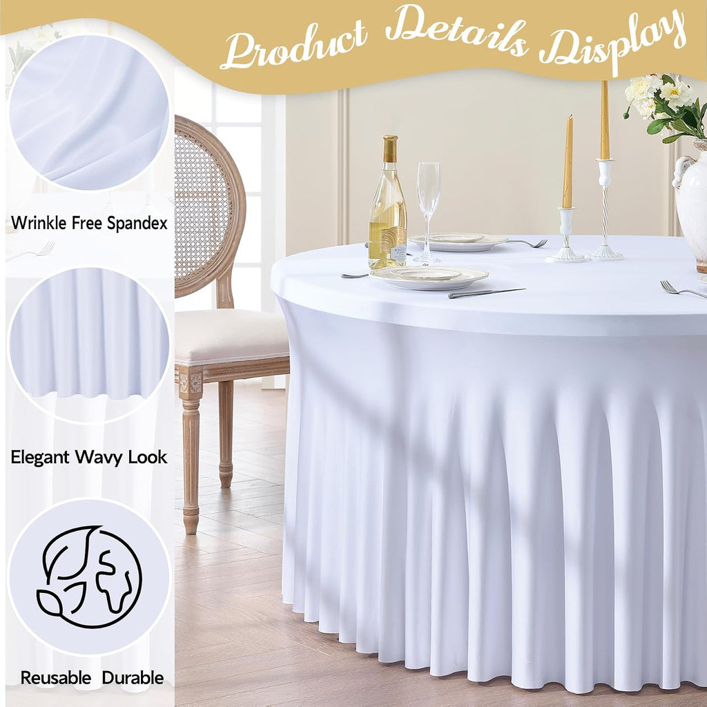 leegleri 12 Pack White Spandex Round Tablecloths - 60 inch, Stretchy 120 inch Fitted 5FT Round Table Cloths with Wrinkle Free Skirt for Wedding Party Dining Banquet