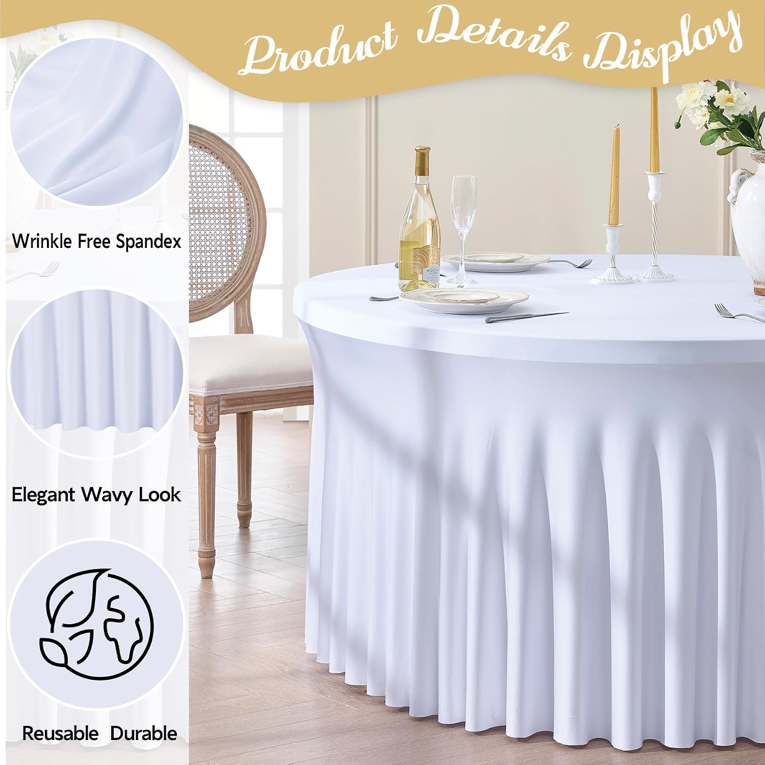 leegleri 12 Pack White Spandex Round Tablecloths - 60 inch, Stretchy 120 inch Fitted 5FT Round Table Cloths with Wrinkle Free Skirt for Wedding Party Dining Banquet