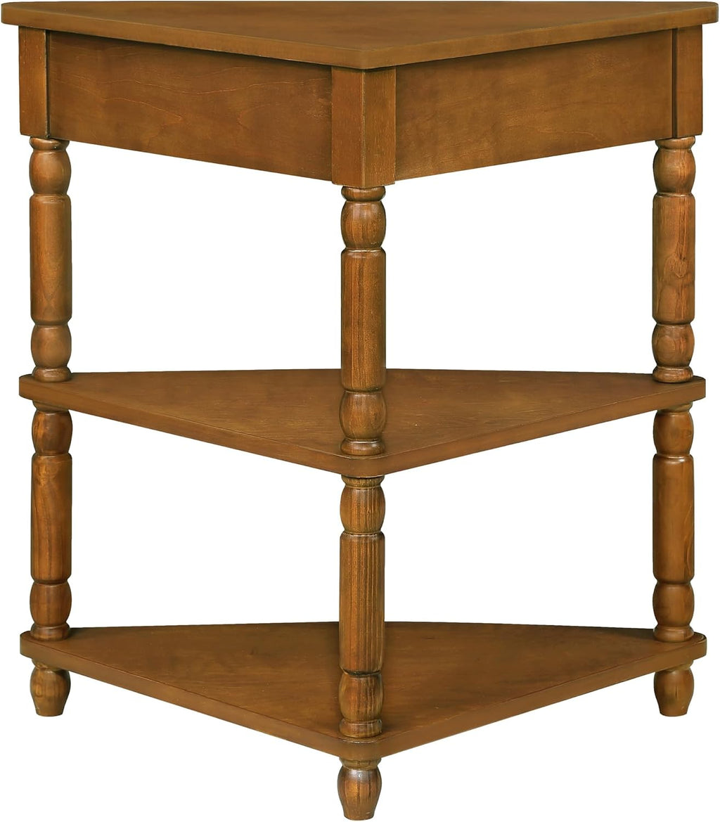 GDFStudio Trmxmbi 3 Tier Corner Console Table with 1 Storage Drawers and Shelves, 33.8'' Rustic Wood Triangle Sofa End Table for Small Spaces, Solid Wood Legs, Brown