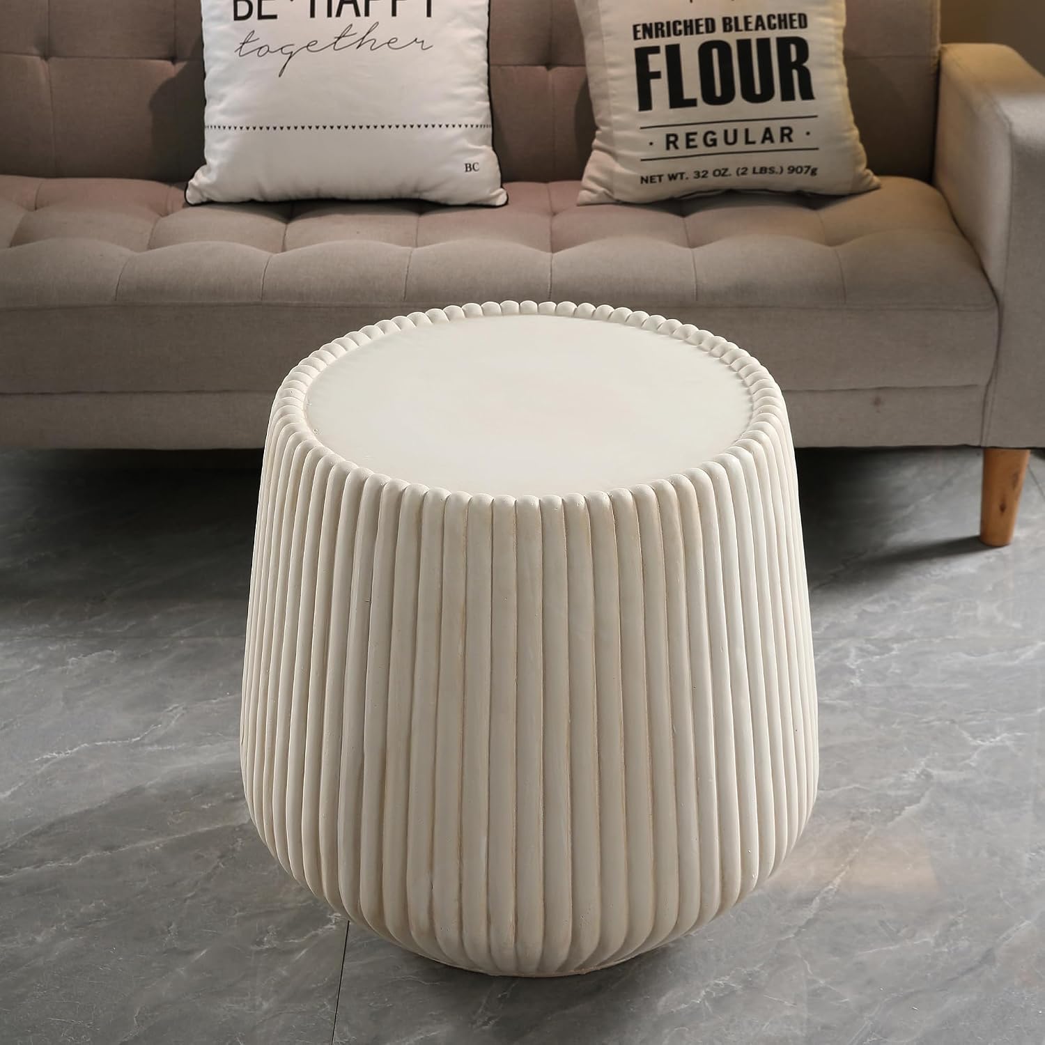 Off-White MGO Round Coffee Table for Indoors and Outdoors, 19.69' Mid-Century Modern Magnesium Oxide Fluted Drum Coffee Table, Circle Cocktail Tea Table for Living Room, No Assemble