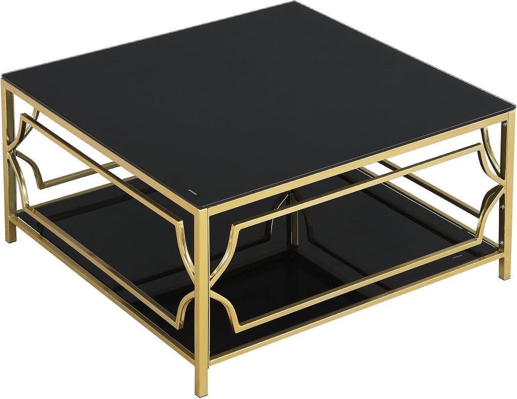 Merax 33.5' Square Glass Coffee Table, Luxurious Geometric Metal Frame, Gold Finish & Lower Shelf, for Living Room Apartment, Black