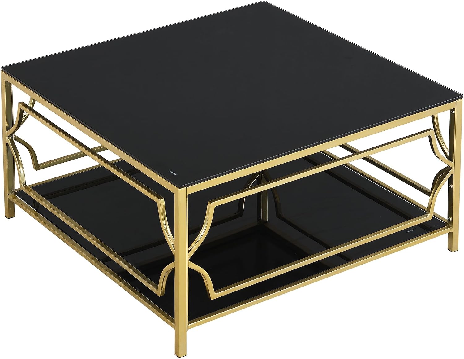 Merax 33.5' Square Glass Coffee Table, Luxurious Geometric Metal Frame, Gold Finish & Lower Shelf, for Living Room Apartment, Black