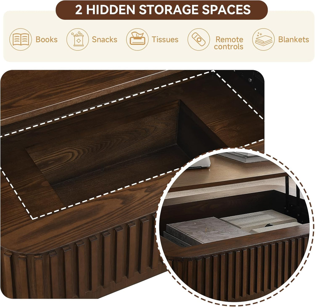 Lift Top Coffee Table for Living Room,Rectangle Handmade Solid Wood Strips, Fluted Coffee Table with Hidden Storage Compartment Small Space Office Apartment (38.6' L×26.8''W×13.8''H-Walnut)