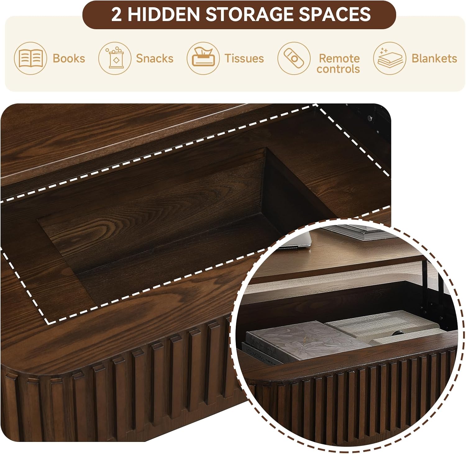 Lift Top Coffee Table for Living Room,Rectangle Handmade Solid Wood Strips, Fluted Coffee Table with Hidden Storage Compartment Small Space Office Apartment (38.6' L×26.8''W×13.8''H-Walnut)