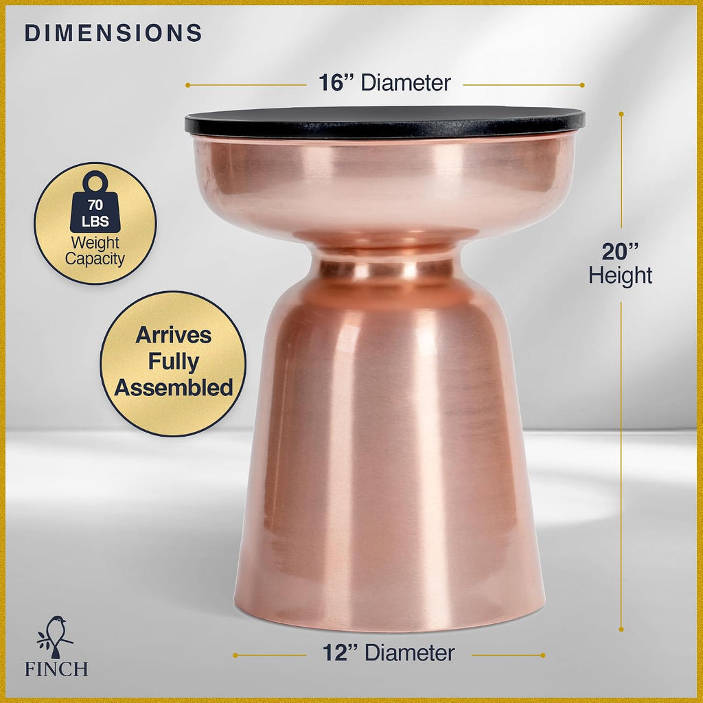 Click365 Adler Granite Accent Side Table, 16 Inch Round End Table with Hourglass Rose Gold Metal Base, Modern Nightstand or Bedside Table for Living Room or Bedroom, Polished Black & Rose Gold
