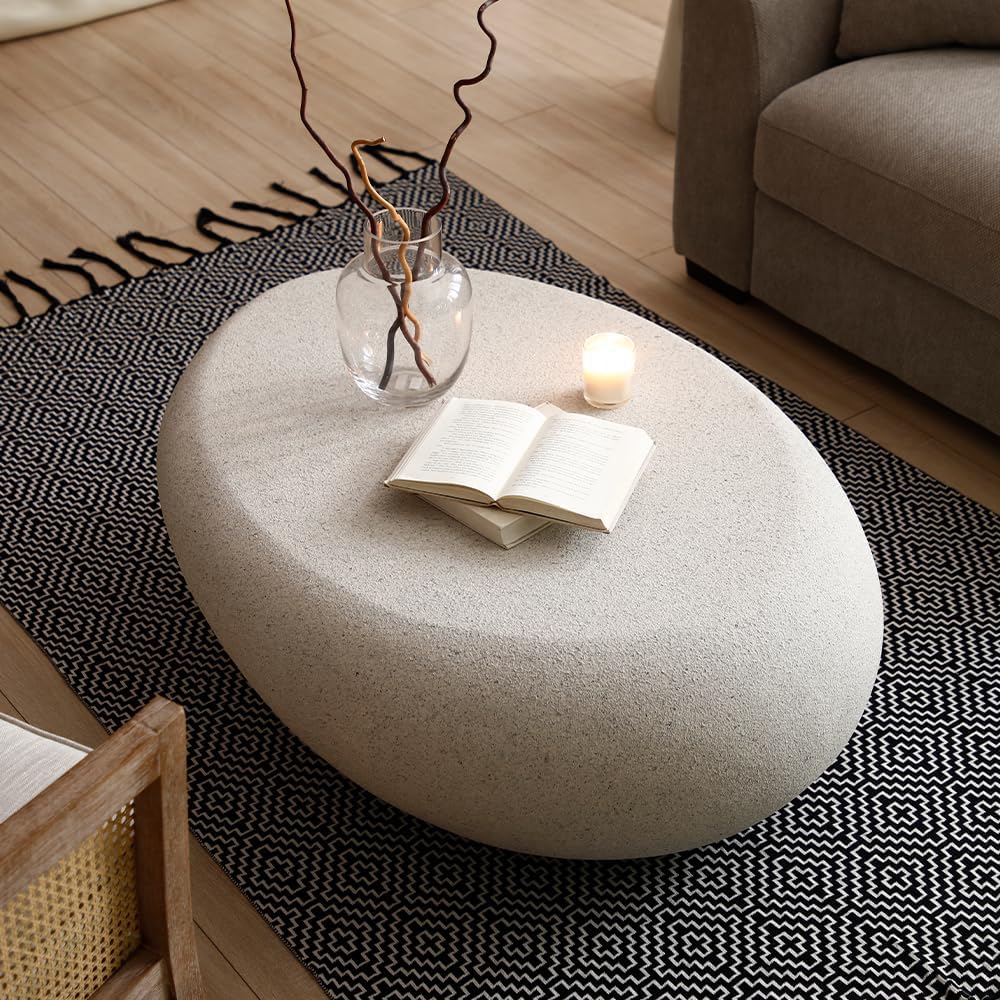 WILLIAMSPACE 43.3' Oval Coffee Table with Grainy Rocks Pattern, Modern Irregular Travertine Faux Stone Center Table, Drum Fiberglass Coffee Table Accent Tea Table for Living Room, No Need Assembly