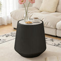 Black Round Coffee Table with Sintered Stone Tabletop, 17.71' Drum Coffee Table with Fluted PU Leather Covered and Stable Base, Circle Cocktail Tea Table for Living Room