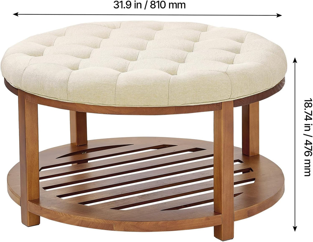 VEVOR Large Round Ottoman Coffee Table, 31.9 Inch Tufted Coffee Table with Solid Wood Shelf Storage, Linen Solid Upholstered Footrest Ottoman for Bedroom Living Room, 350 LBS, Linen Color
