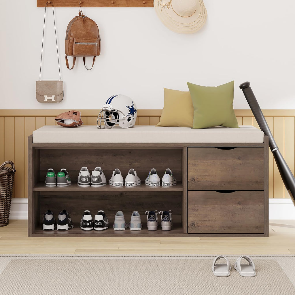 LVB Entryway Bench with Storage, 40' Storage Bench with Padded Cushioned Seat, Farmhouse Shoe Bench with 2 Drawers Cabinet Shelf, Industrial Wood Shoe Rack Bench for Living Bedroom，Rustic Oak, 40in