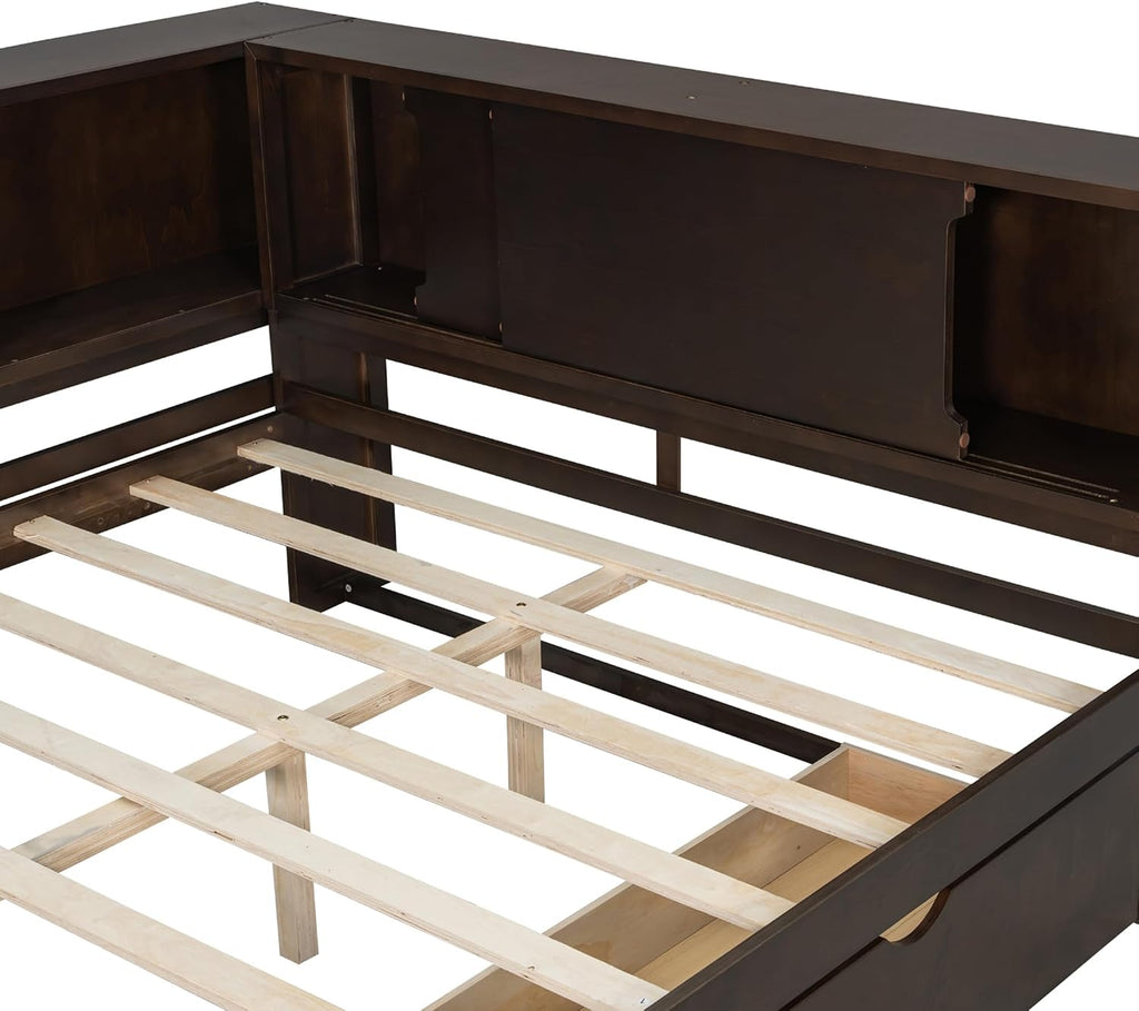 RuiSiSi Queen Size Daybed with L-Shape Bookshelf, Wood Corner Storage Bed Frame with Drawers and LED, Brown