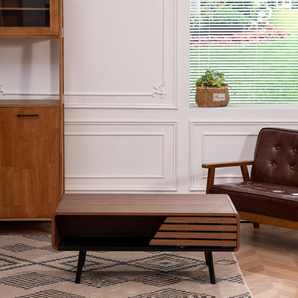 Coffee Table, 40' Modern Coffee Table with Storage and Sliding Door for Living Room, Black and Walnut
