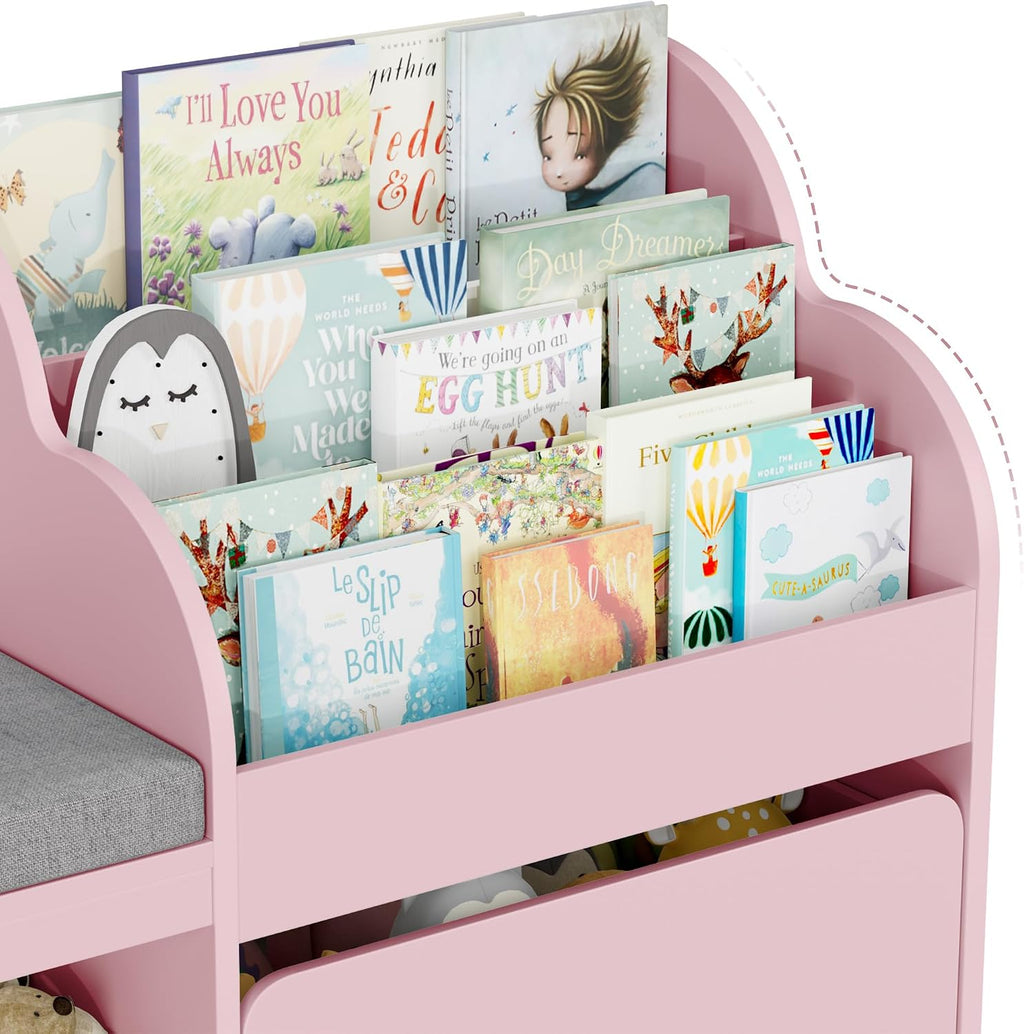HOSTACK 67' W Kids Reading Nook with Toy Storage Organizer, Large Kids Bookshelf with Toy Storage Box on Wheels, Big Kid Bookcase with Bench and 6 Open Cubbies for Playroom, Kid Room, Pink