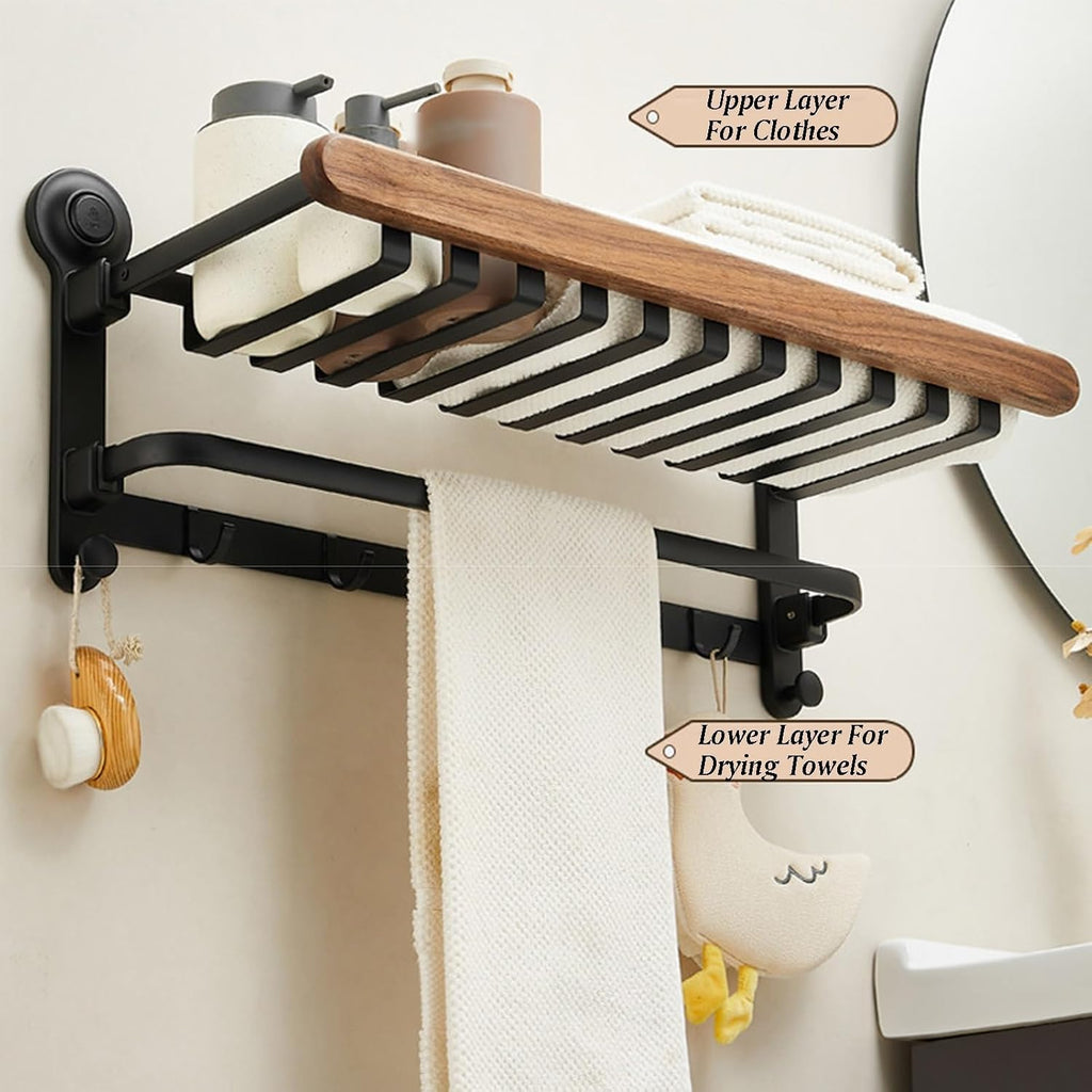 Space Aluminum+Wood Towel Rack,Double Layer Bar Wall Mounted,with Double Foldable Shelf,Mesh Basket and Hooks,for Bedroom Bathroom