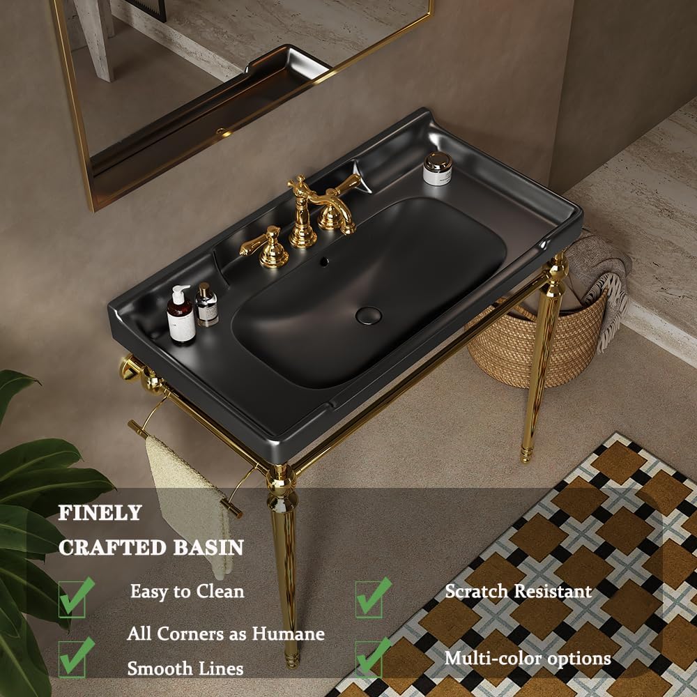 28' Bathroom Console Sink, Wall-Mounted White Ceramic Vanity Basin with 3 Pre-drilled Faucet Holes, Freestanding Gold Stainless Steel Support Legs with Towel Bar, No Faucet - Rome, Black