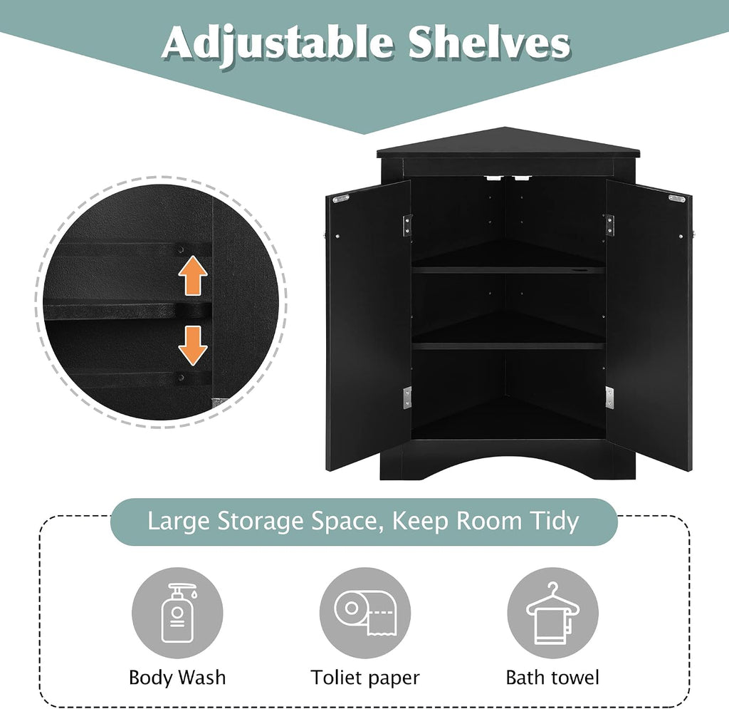 Knocbel 31.5' Height Corner Floor Storage Cabinet with Brushed Nickel Knobs, 2 Doors and Adjustable Shelves, Bathroom Pantry Corridor Free Standing Triangle Organizer Unit (Black)