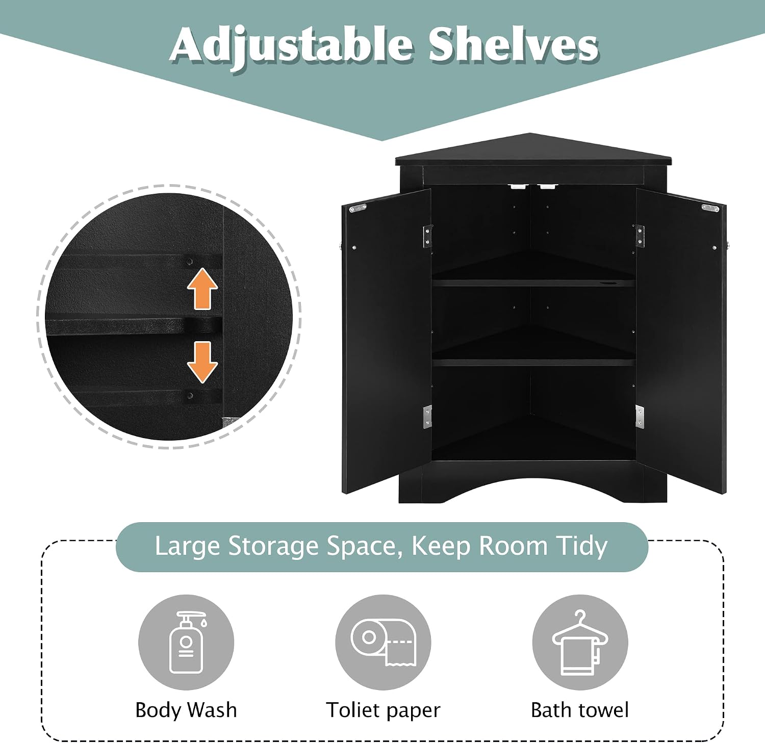 Knocbel 31.5' Height Corner Floor Storage Cabinet with Brushed Nickel Knobs, 2 Doors and Adjustable Shelves, Bathroom Pantry Corridor Free Standing Triangle Organizer Unit (Black)