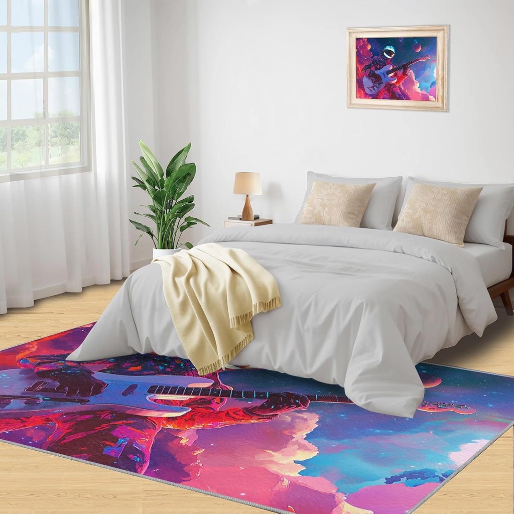Guitar Rugs for Music Room - 5x7 Rug, Passion Rock Rug, Music Lovers Washable Area Rugs for Bedroom, Fantasy Galaxy Carpet, Boys Room Carpet - Guitar Home Decor & Gift