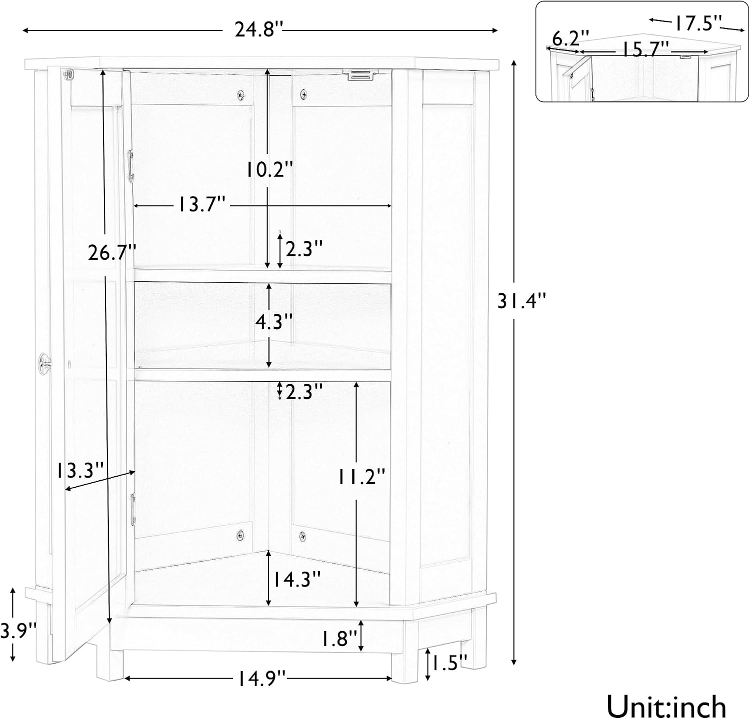 Home Corner Storage Cabinet, Bathroom Triangle Floor Cabinet, Wood Freestanding Corner Cabinet with Single Door and Shelves (White)
