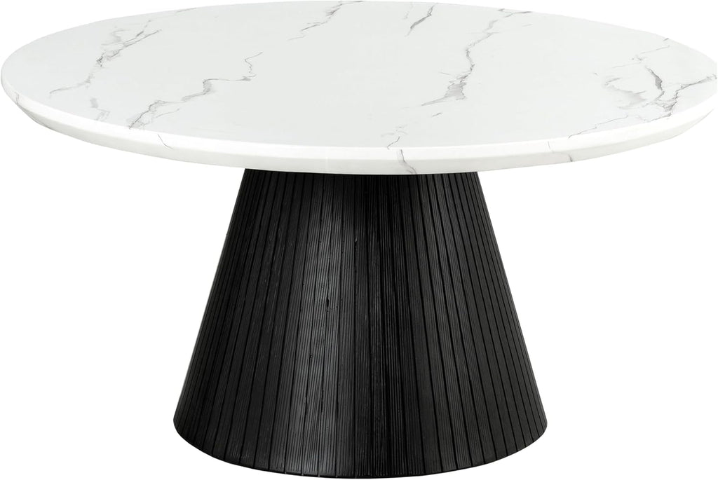 Furniture of America Coraly Modern 36-inch Round Coffee Table with High Gloss Faux Marble Top and Fluted Pedestal Base for Small Space, Living Room, Home Office, Black and White