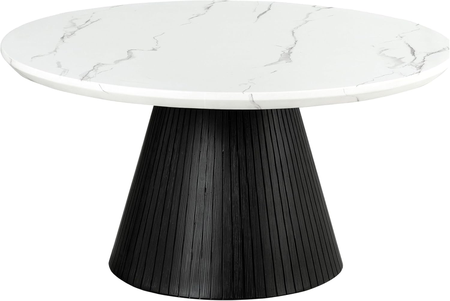 Furniture of America Coraly Modern 36-inch Round Coffee Table with High Gloss Faux Marble Top and Fluted Pedestal Base for Small Space, Living Room, Home Office, Black and White