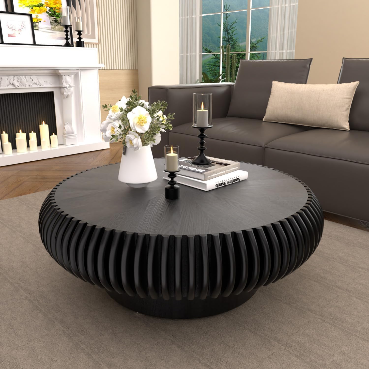 31.5' Drum Coffee Table Modern Unique Fluted Tea Table Contemporary Wood Round Coffee Table with Fluted Centry Table for Living Room Walnut (31.5' Black)