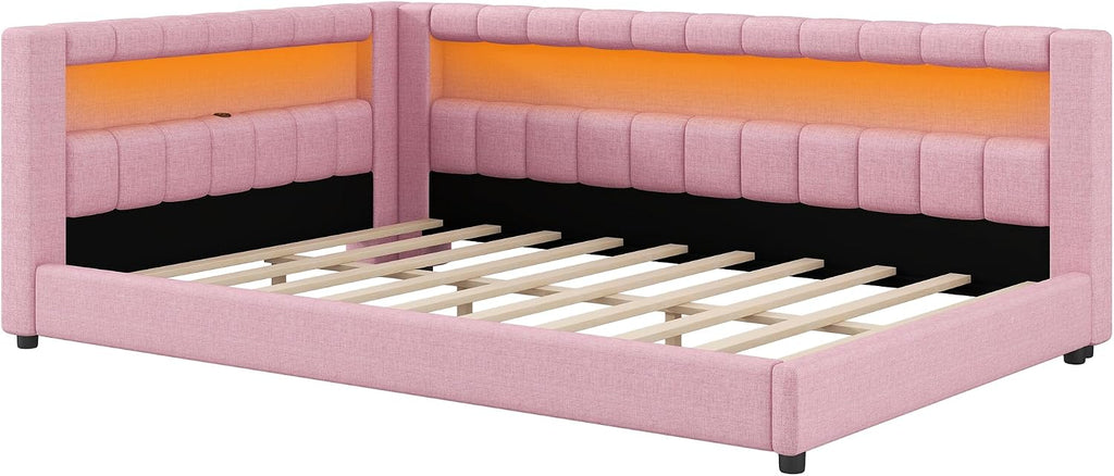 Upholstered Full XL Size Daybed with LED and USB Ports, L-Shaped Corner Day Bed with Storage Shelves Headboard,Space Saving for Girls Adults Kids Boys, Pink