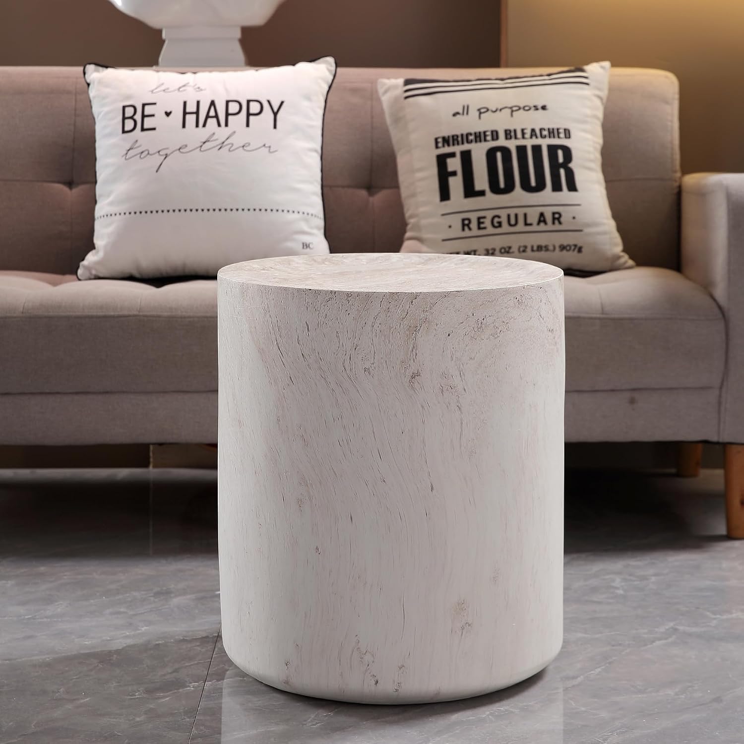 WILLIAMSPACE 15.75' Round End Table in Faux Marble, Modern Circle Drum Stone Side Table Travertine Small Coffee Table for Living Room, Outdoor, Magnesium Oxide, No Need Assembly, Light Beige