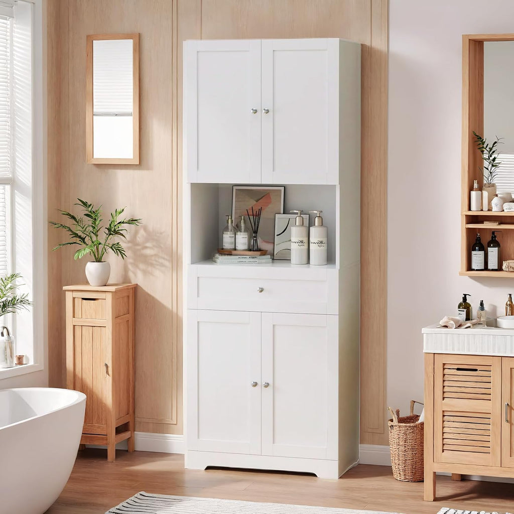 Tall Bathroom Storage Cabinets with Drawer, Modern Linen Cabinet with Doors & Shelves, 67'H Tall Storage Cabinet Freestanding for Bathroom, Dining Room, Kitchen & Pantry, Laundry, Narrow Corner, White