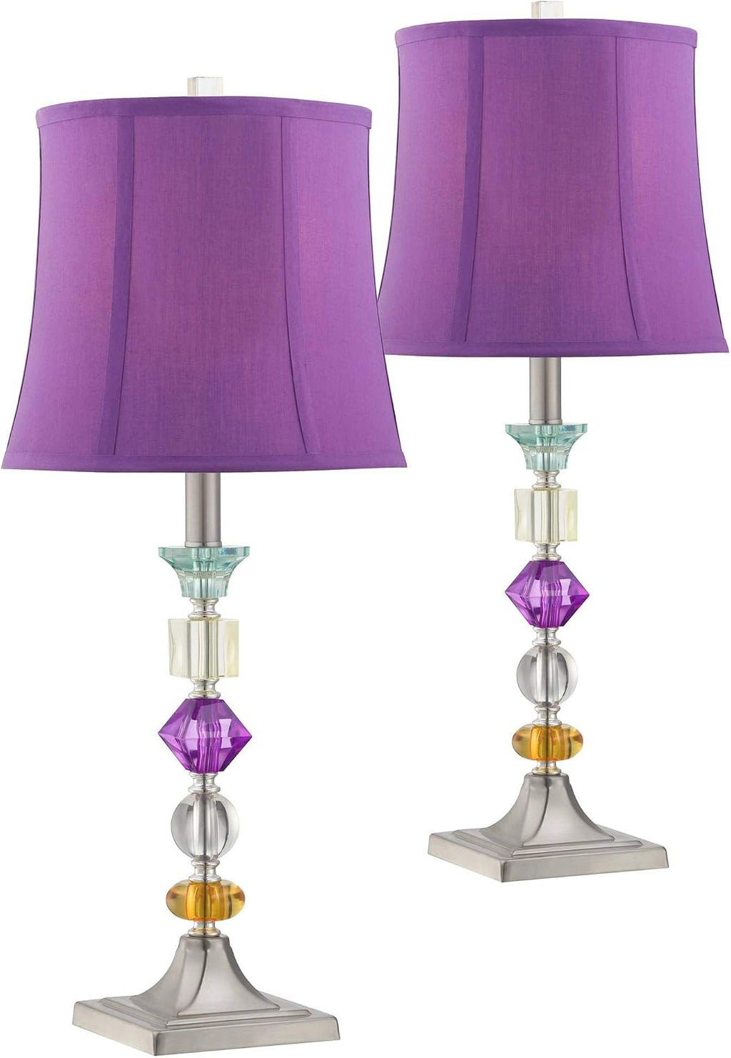 360 Lighting Bijoux Modern Chic Bohemian Table Lamps 25.5' High Set of 2 Brushed Nickel Multi Colored Stacked Acrylic Gem Purple Drum Shade for Kids Girls Room Bedroom Bedside House Home