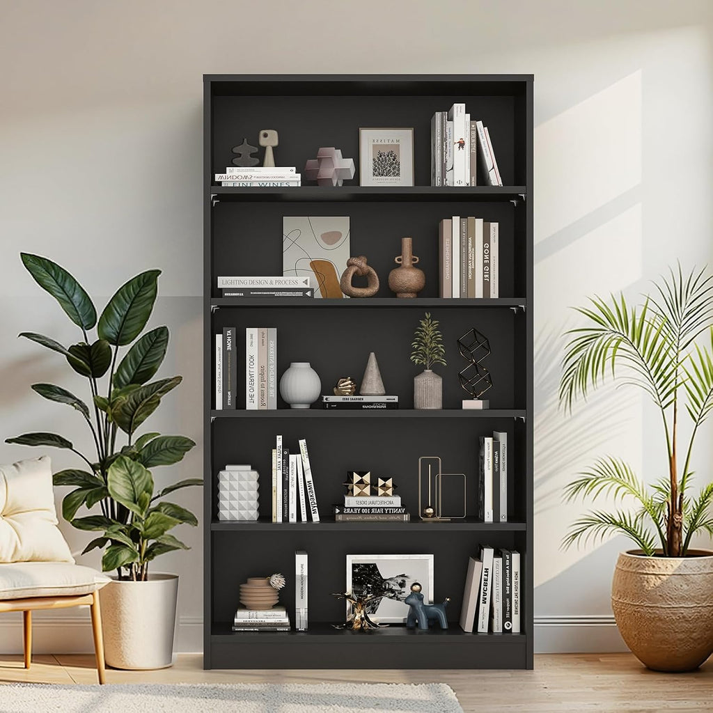 Farini 60 Inch Tall 5-Shelf Bookcase, Wood Bookshelf Storage Organizer Adjustable Shelf for Home Office, Study Room, Easy Assembly,Black