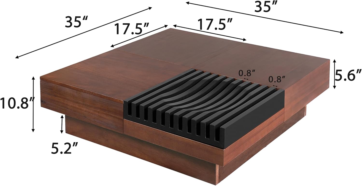 Merax 35'' Square Acacia Wood Coffee Table with Sliding Top & Ample Storage, Vintage and Sturdy, Natural Grain Patterns for Living Room Apartment, Brown+Black