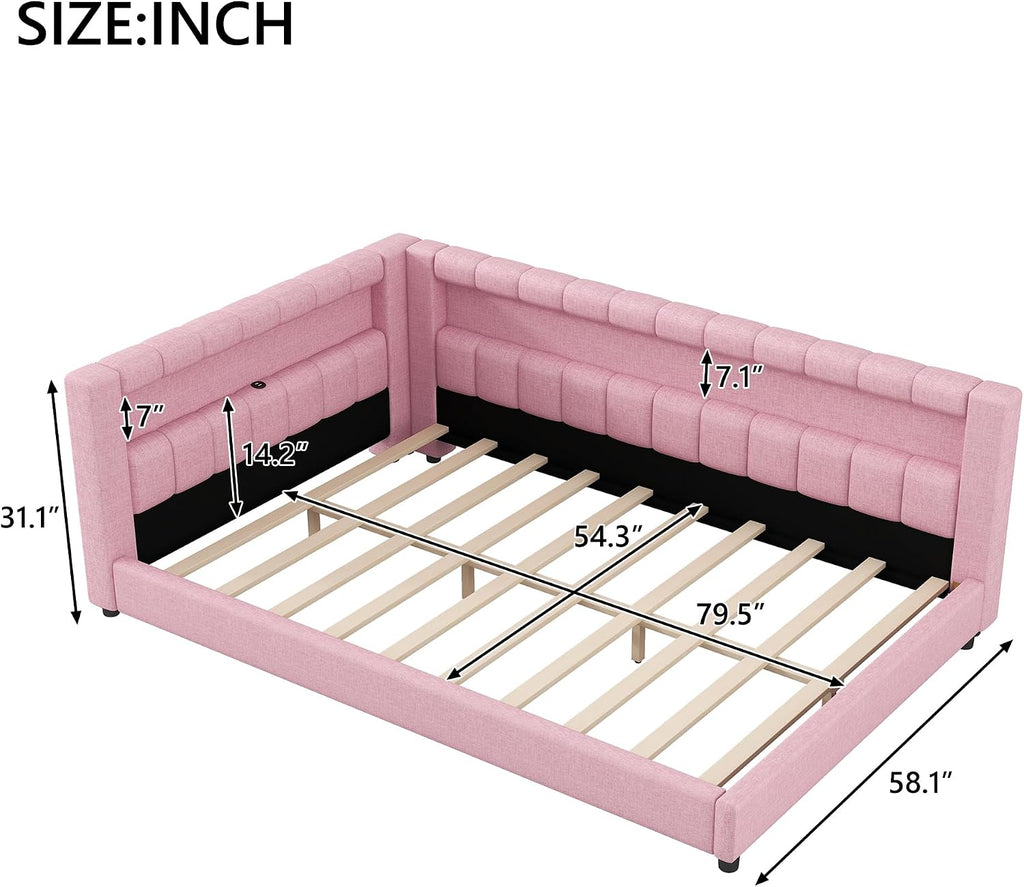 Upholstered Full XL Size Daybed with LED and USB Ports, L-Shaped Corner Day Bed with Storage Shelves Headboard,Space Saving for Girls Adults Kids Boys, Pink