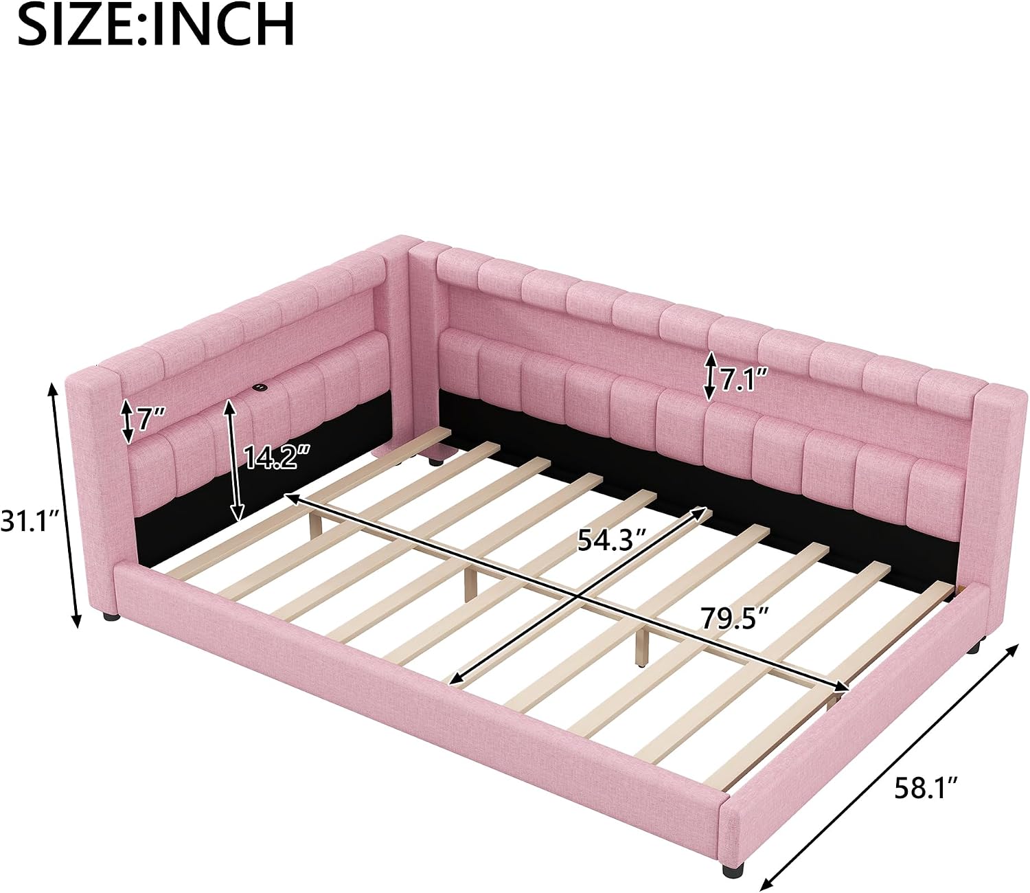 Upholstered Full XL Size Daybed with LED and USB Ports, L-Shaped Corner Day Bed with Storage Shelves Headboard,Space Saving for Girls Adults Kids Boys, Pink