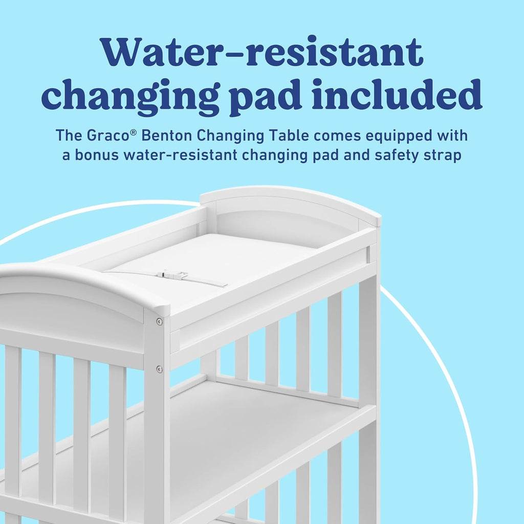 Graco Benton Changing Table with Bonus Water-Resistant Changing Pad (White) - GREENGUARD Gold Certified, Includes Diaper Change Pad with Safety Strap, 2 Open Storage Shelves for Organizing