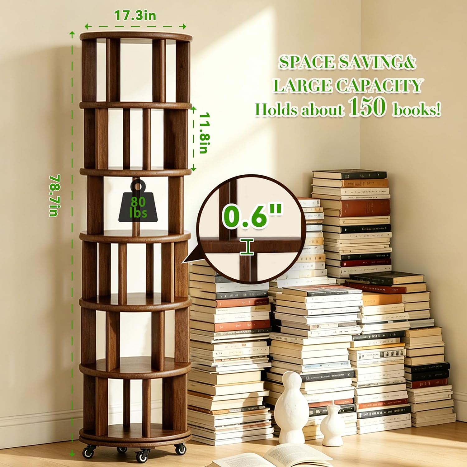 6 Tier Rotating Solid Wood Bookshelf, Corner Small Bookshelf Lazy Susan Organizer,Circular Rotating Spinning Bookshelf on Wheels, Revolving 360° Bookshelf for Small Spaces for Bedroom