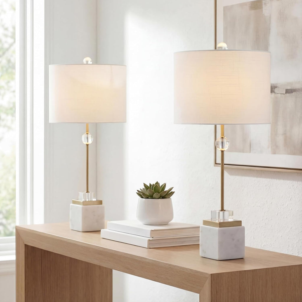 JONATHAN Y 30' White Marble and Brass Gold LED Table Lamp Set of 2, Modern Glam Crystal Pedestal Lamps for Living Room Bedroom, White Linen Shade, LED Bulbs Included JYL5008A-SET2