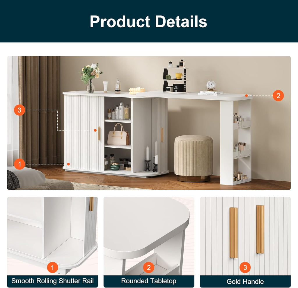 RoyalCraft 68' Extendable Makeup Vanity Desk, Modern L-Shaped Corner Vanity Desk with Silding Door, White Fluted Makeup Table with Curved Desktop and Adjustable Shelf, Wood Dressing Table for Bedroom
