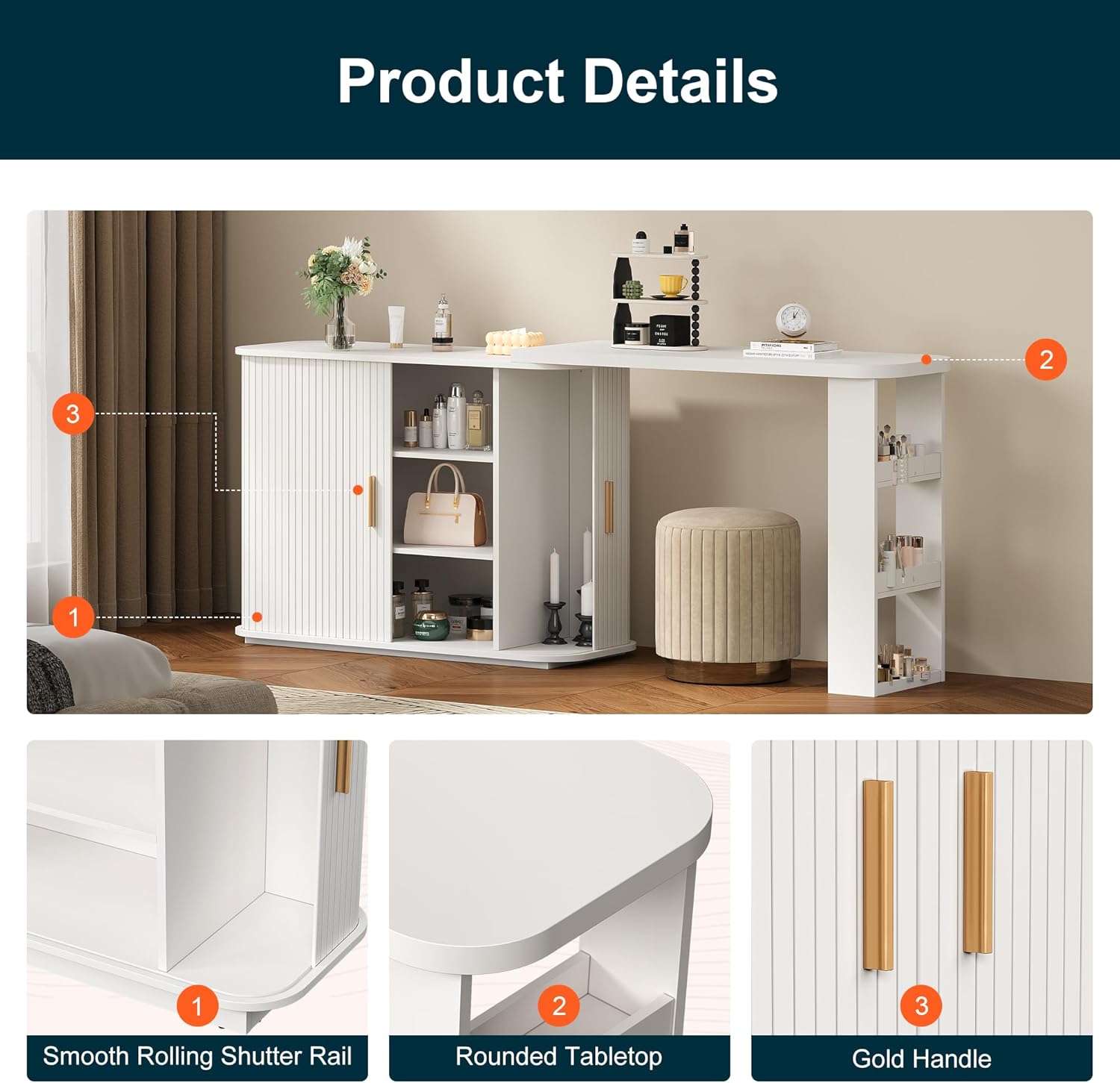 RoyalCraft 68' Extendable Makeup Vanity Desk, Modern L-Shaped Corner Vanity Desk with Silding Door, White Fluted Makeup Table with Curved Desktop and Adjustable Shelf, Wood Dressing Table for Bedroom