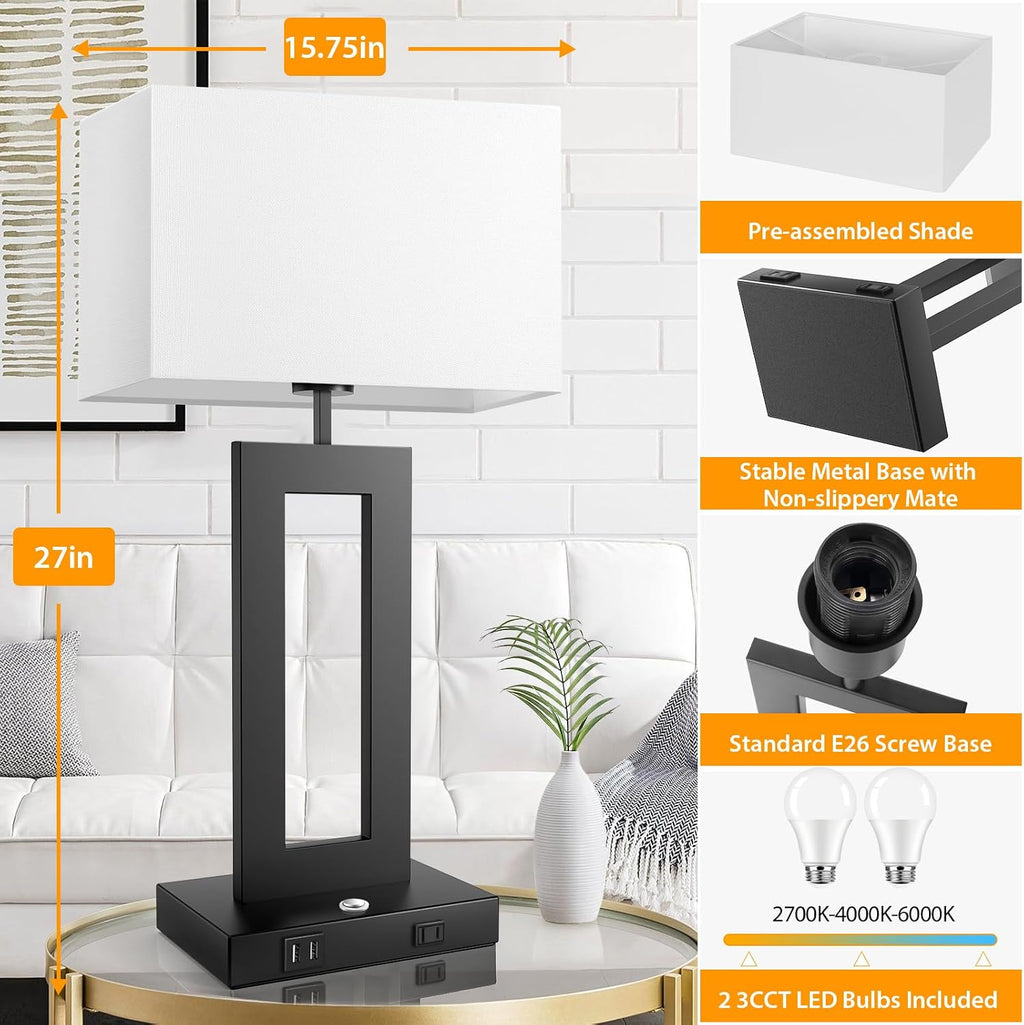 27.2'' Tall Black Table Lamps for Living Room Bedroom, Bedside Touch Control Lamps with 2 USB Ports&AC Outlet, 3 Color Temp.&Stepless Dimming Desk Lamp Sets for Home Office, Pre-assembled White Shade