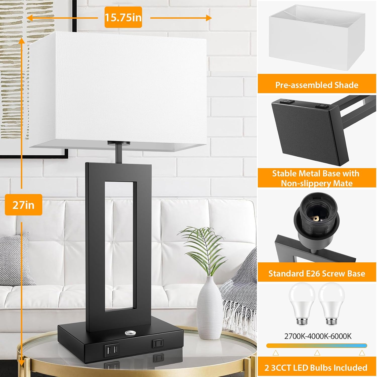 27.2'' Tall Black Table Lamps for Living Room Bedroom, Bedside Touch Control Lamps with 2 USB Ports&AC Outlet, 3 Color Temp.&Stepless Dimming Desk Lamp Sets for Home Office, Pre-assembled White Shade