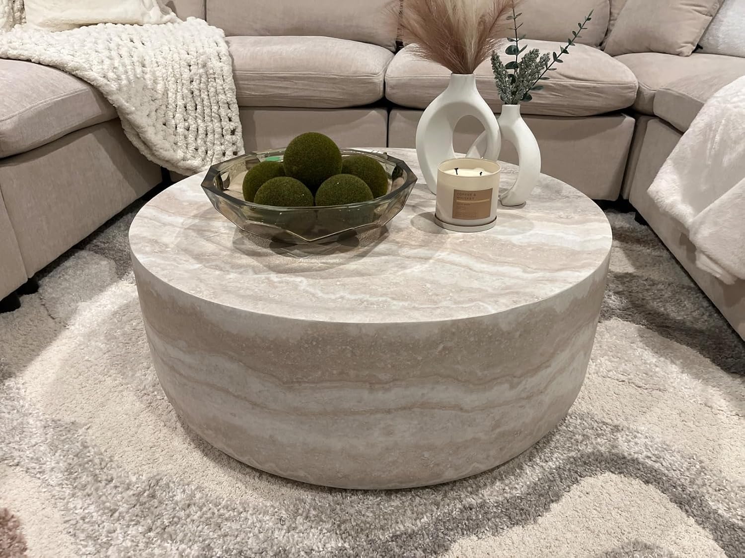 JUSTONE 31.49' Round Coffee Table, Modern Marble Faux Pattern - Minimalist Accent Table for Living Room,Office